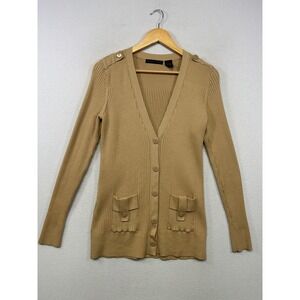 Military Chic Preswick & Moore Women Large Camel Tan Ribbed Button Cardigan Top